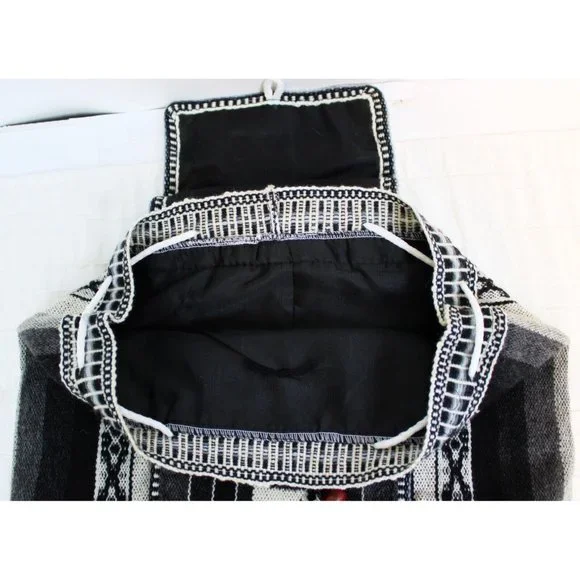 Peruvian Woven Backpack Native Inca Llama Black White Drawstring Pocket Lined